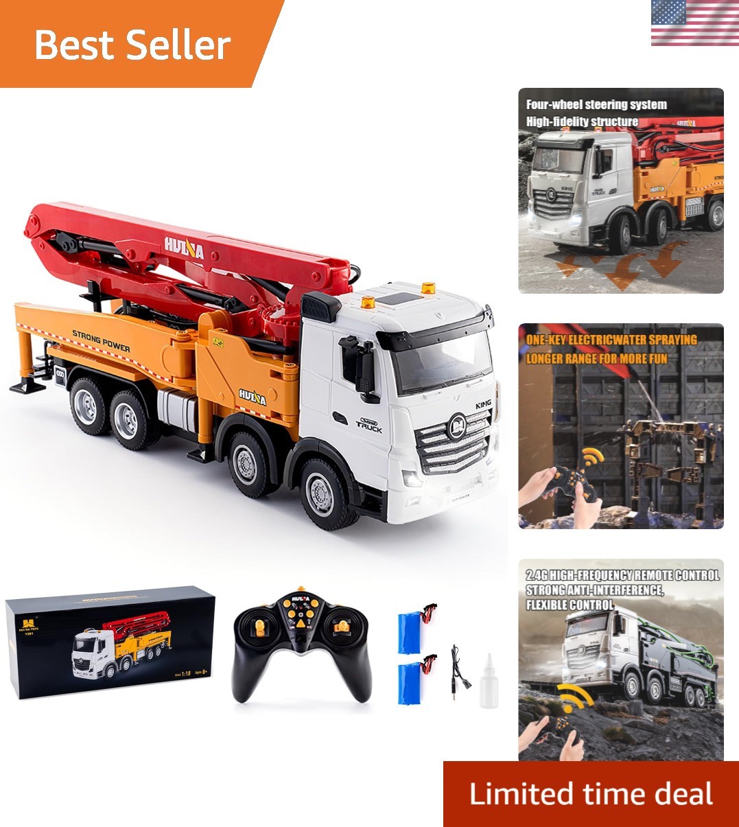 1:18 Scale Concrete Pump Truck RC Toy – Realistic Water Pump & 630° Rotation