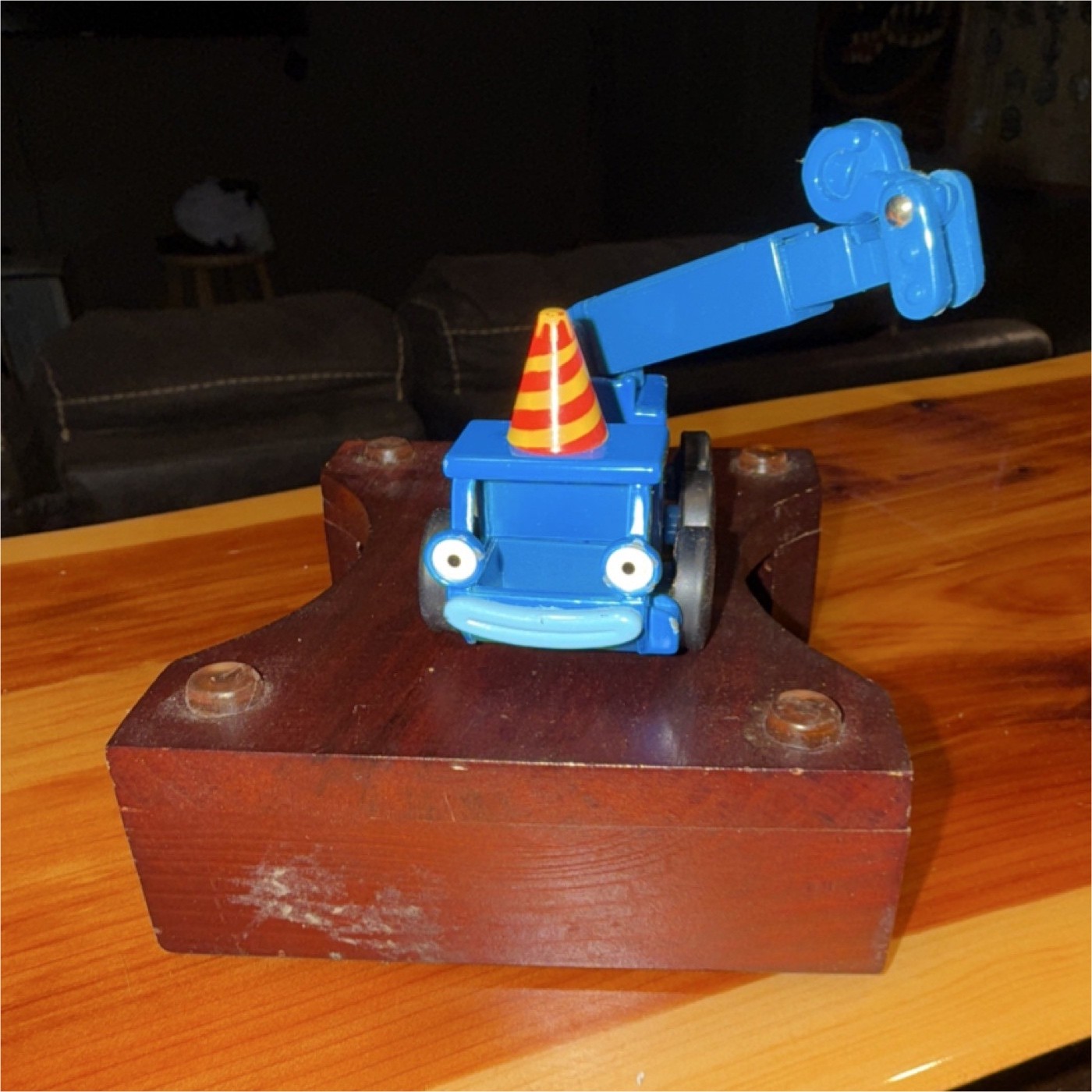 TOMY Blue, White, Orange Plastic Crane Truck Toy with Movable Arm and Orange Hat