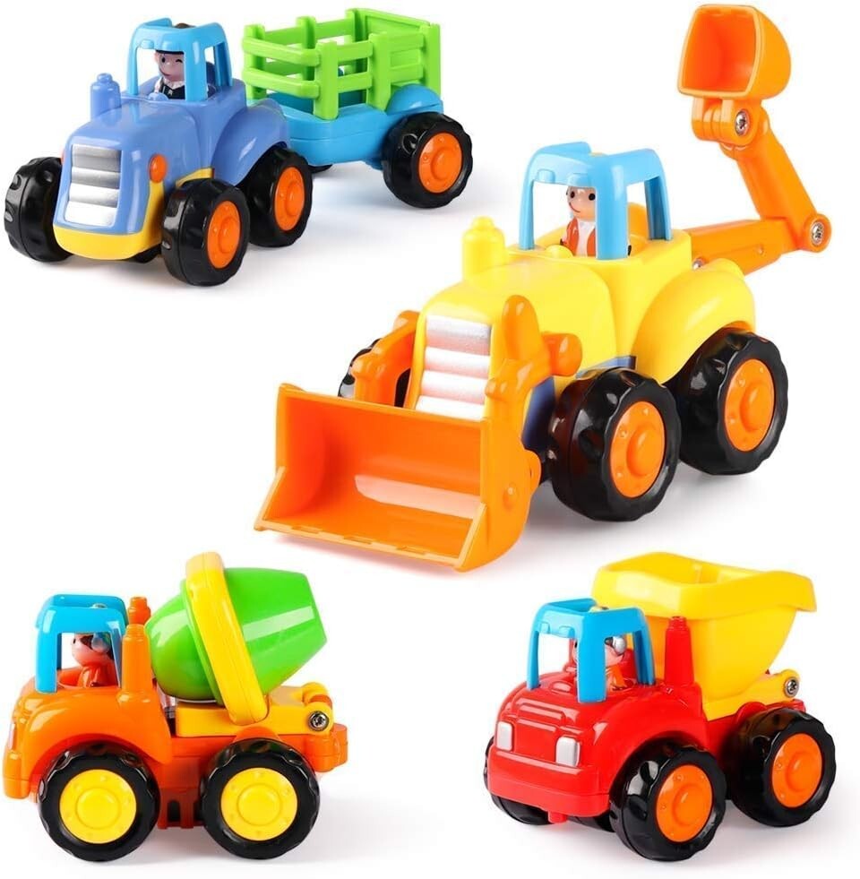 Coogam Construction Vehicles Toy 4-Pk Set Tractor Bulldozer Cement Dumper Truck