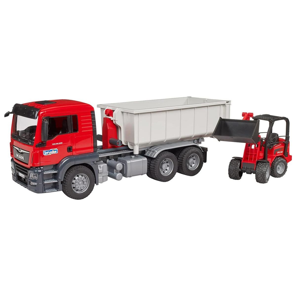 Bruder 1/16 Man TGS Truck w/ Roll Off Container & Schaffer Compact Loader 03767