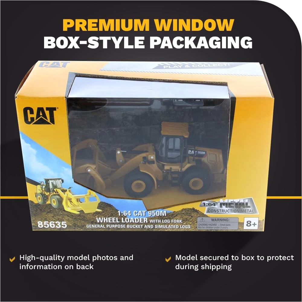 1:64 Cat 950M Wheel Loader with Log Fork + Bucket Attachment (Comes with 2 Log
