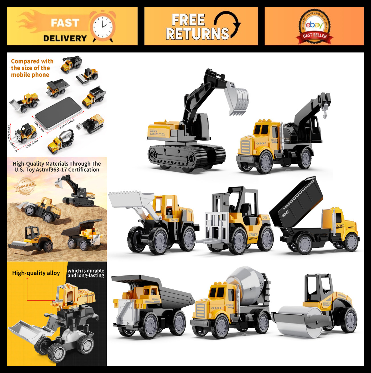 8Pcs Mini Alloy Construction Vehicles Set – Die-cast Excavators, Trucks & Toys f