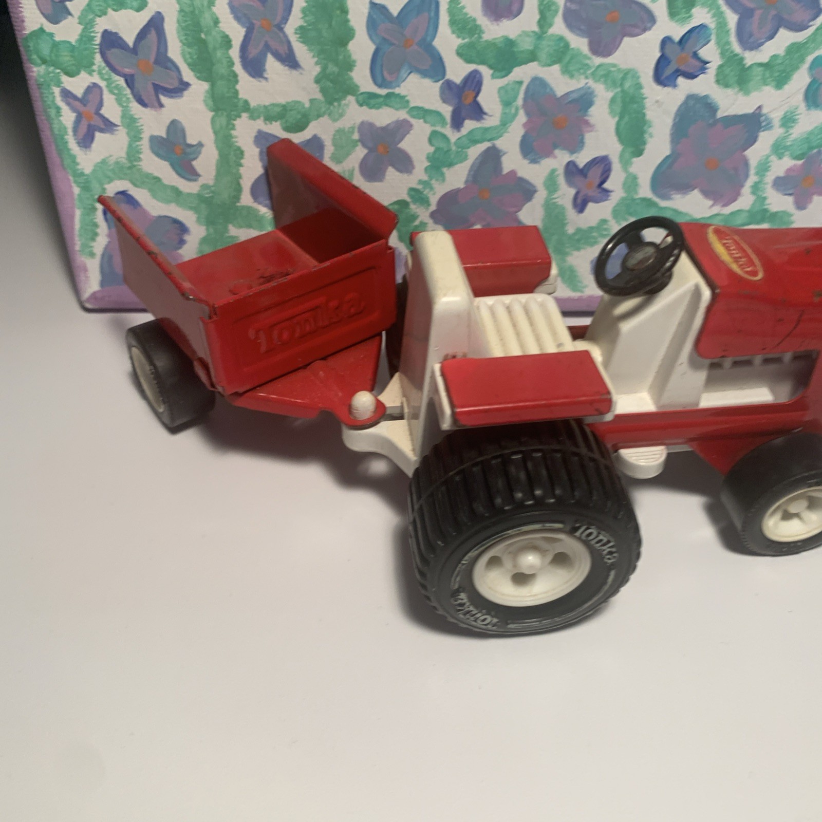 Vintage Tonka Lawn Tractor + Trailer Die Cast Metal Toy