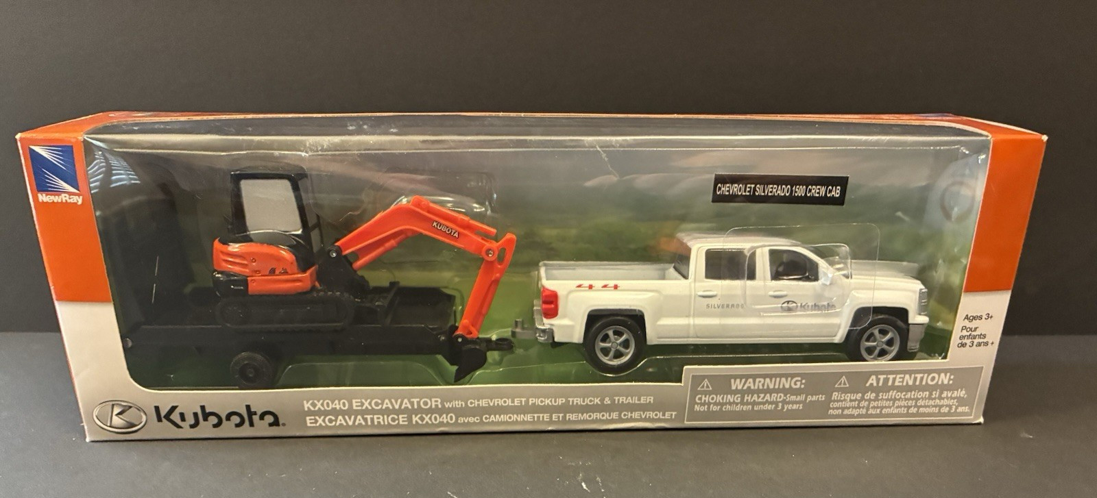 New Ray Kubota KX040 Excavator & Trailer Chevrolet Silverado 1500 Crew Cab Truck