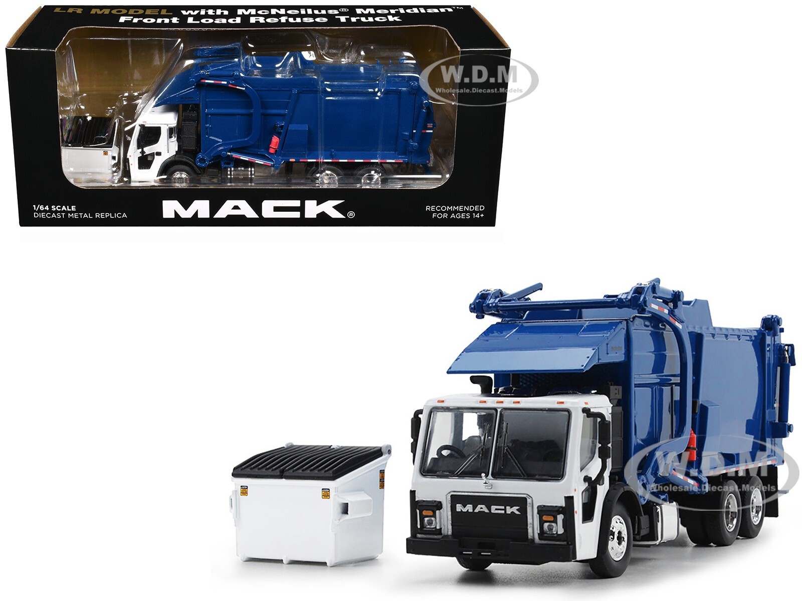 MACK LR GARBAGE TRUCK FRONT LOADER & BIN WHITE/BLUE 1/64 BY FIRST GEAR 60-1797