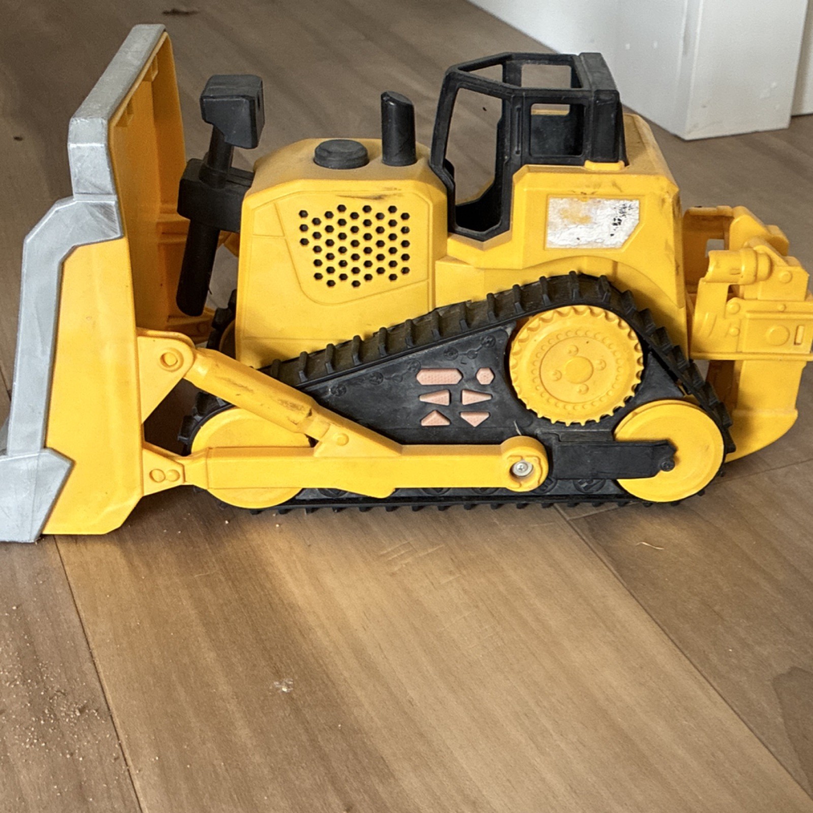 Yellow/Black/Gray Plastic Toy Bulldozer Construction Vehicle with Tracks & Blade