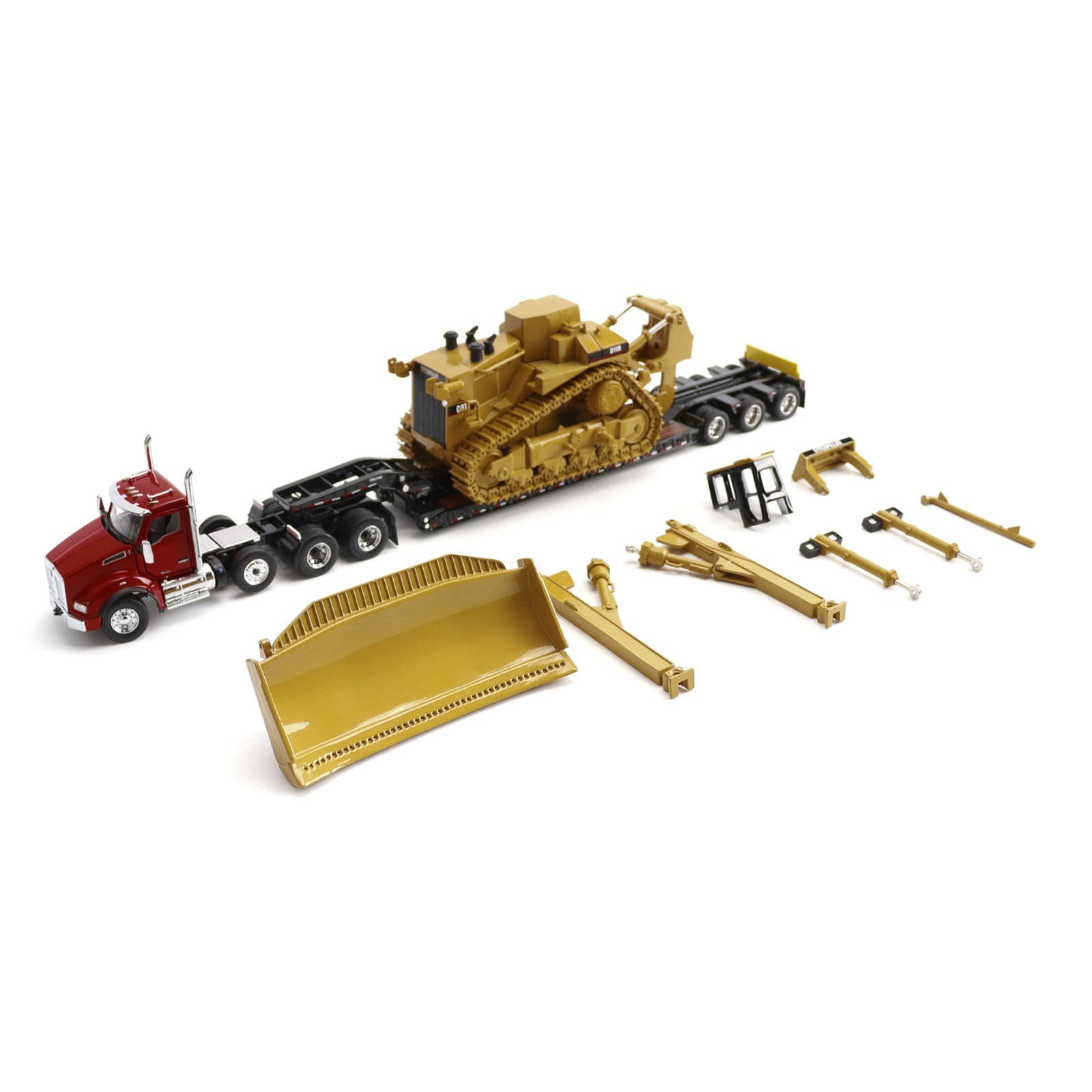 DIECAST MASTERS 1/50 RED TRI-AXLE KW T880 DAYCAB&TRI-AXLE LOWBOY W/T D11R DOZER