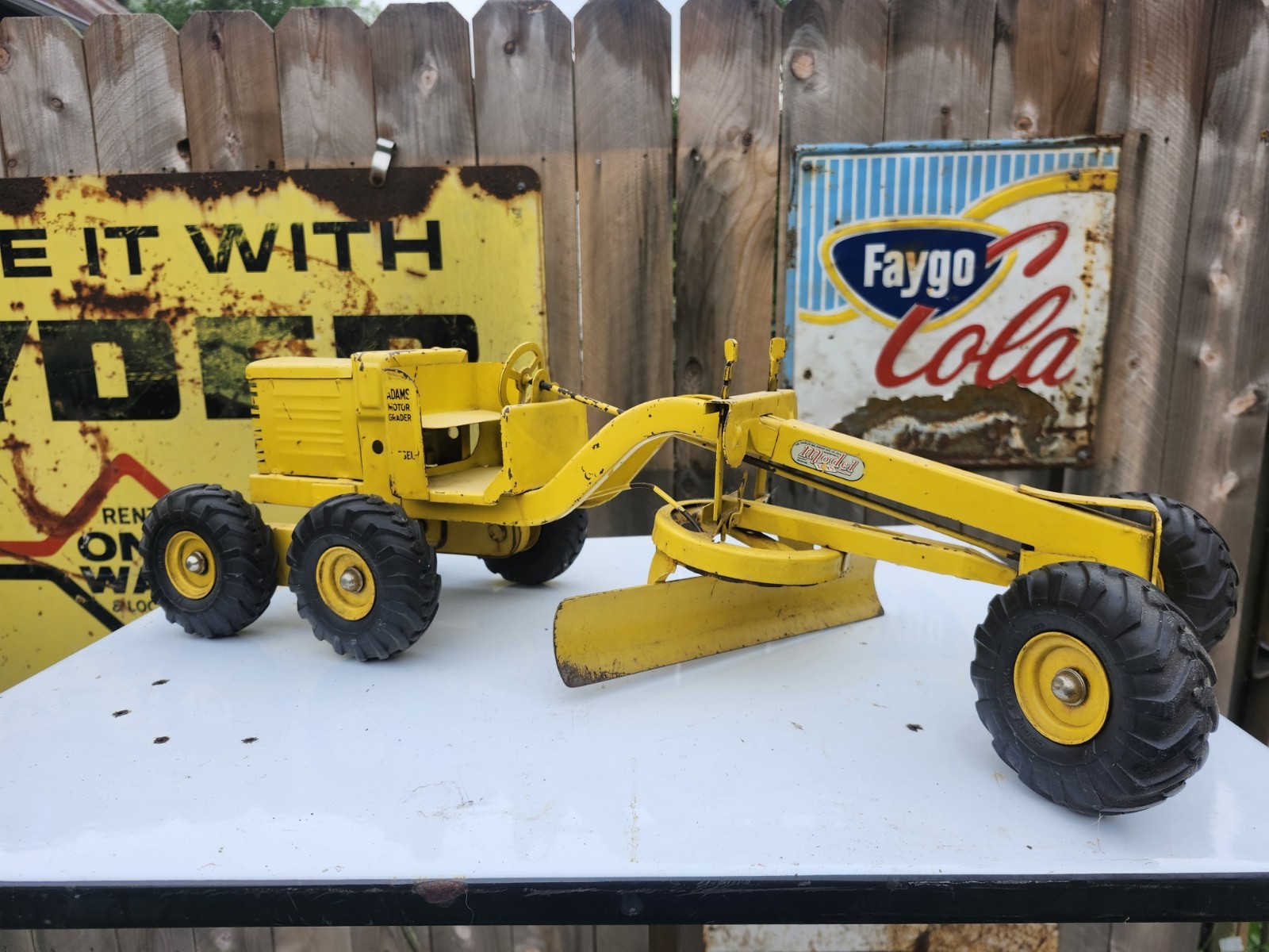 Doepke Model Toys, Adams Diesel Motor Road Grader 1950’s Yellow Pressed Steel