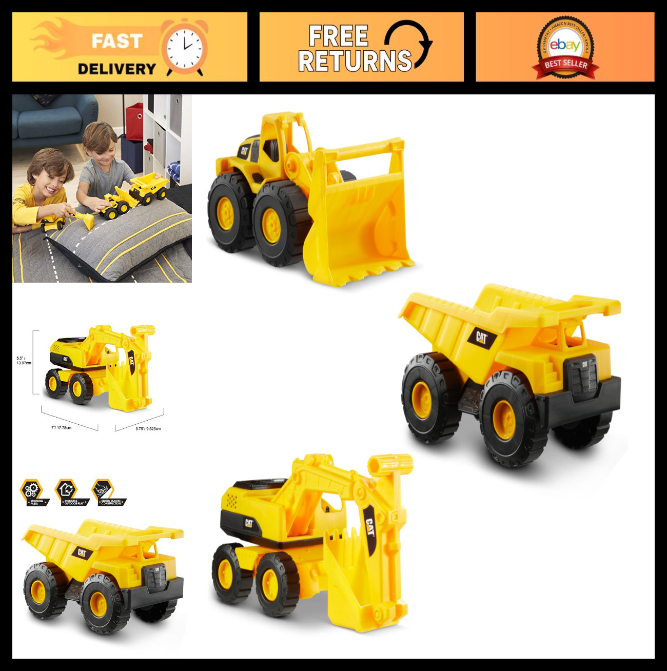 “7” Cat Construction Dump Truck, Loader & Excavator Toy Set – Kids Construction