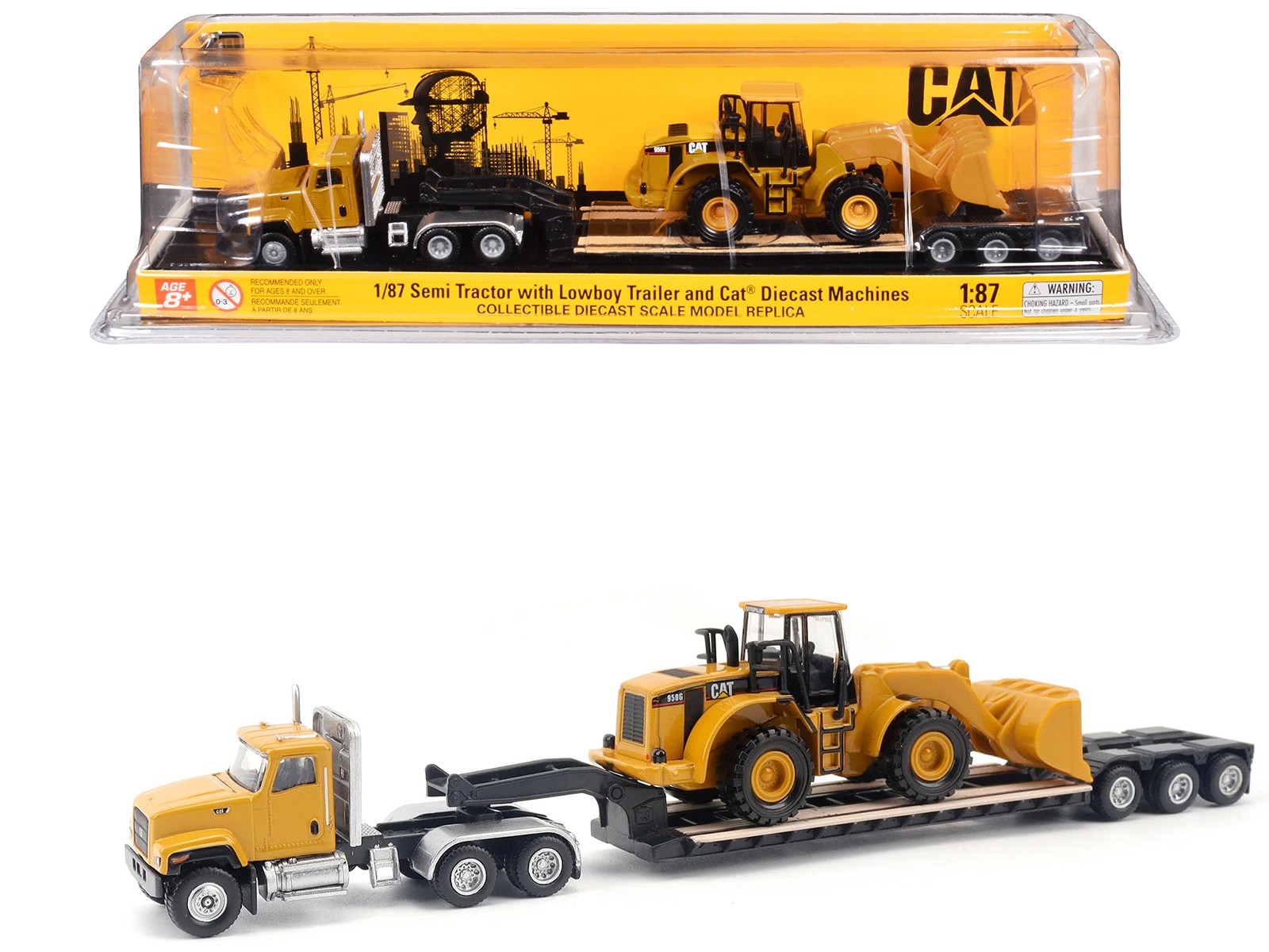 CAT Caterpillar CT681 Day Cab Tractor Yellow with Lowboy Trailer CAT 950G Wheel