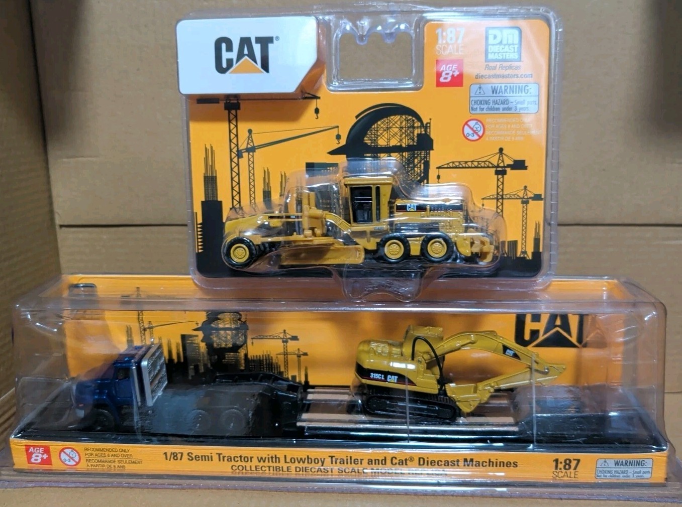 3 pc Diecast Masters Cat Grader & Blue Tractor Trailer 1:87 HO Scale