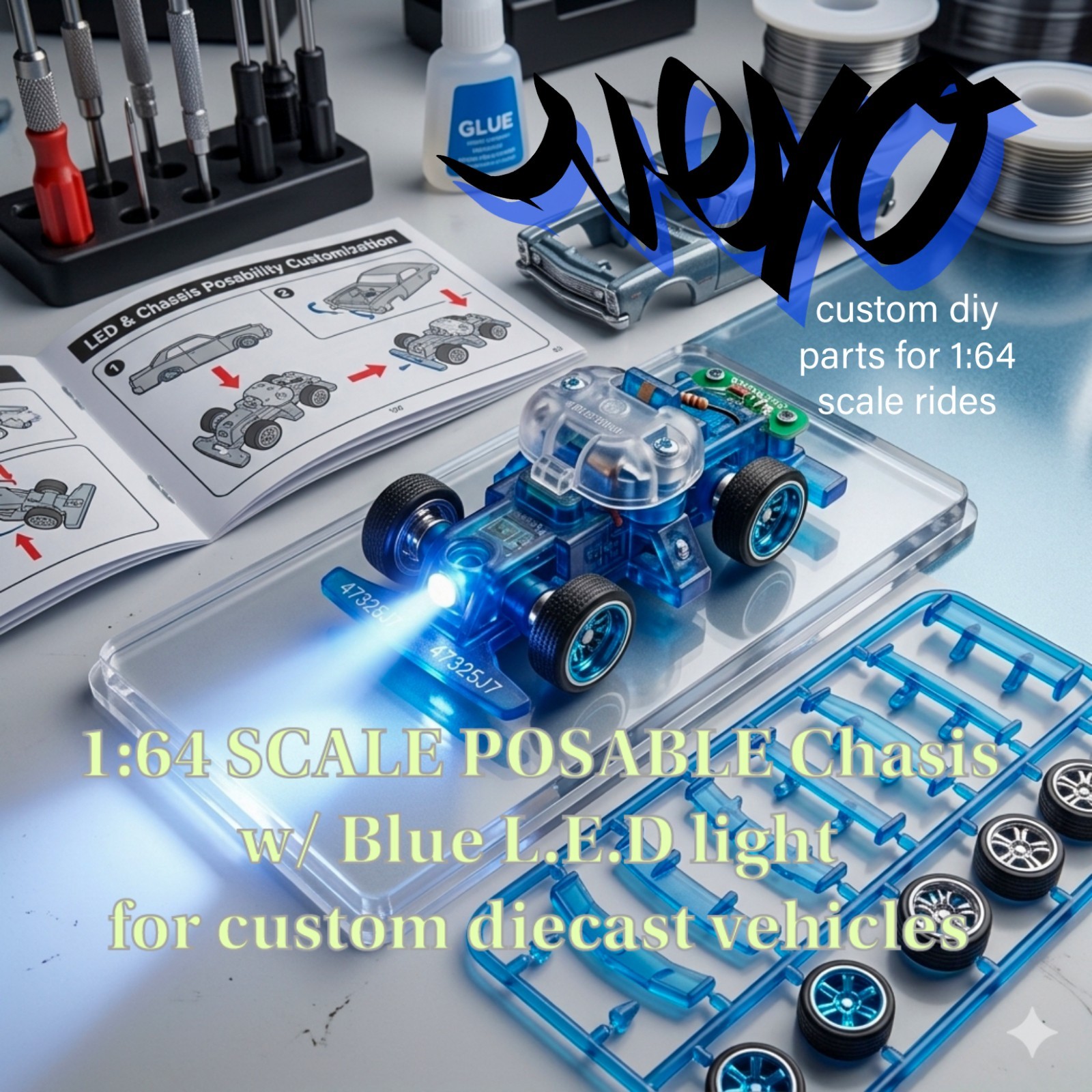 1:64 Scale Posable Lowrider Chasis w/blue L.E.D Light simulates hydraulics hw mb