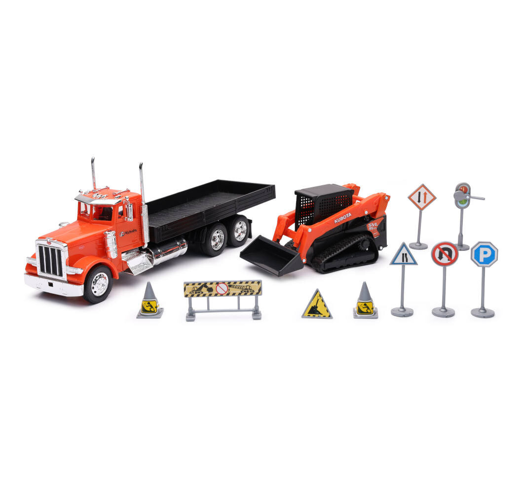 New Ray 1:32 Kubota Compact Track Loader w/ Peterbilt Flatbed Truck Diecast Toys