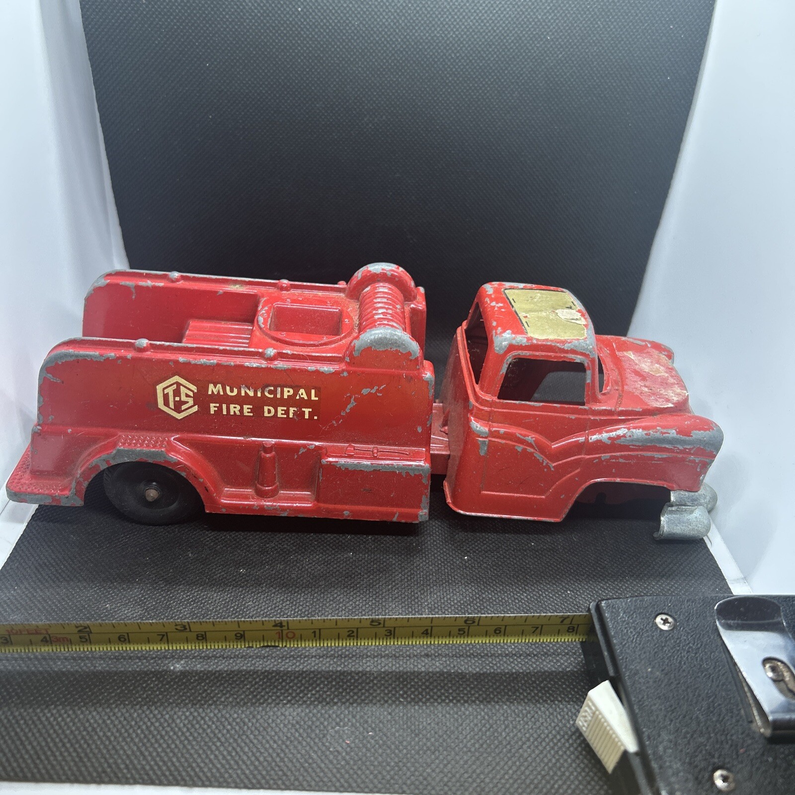 Vtg T.S. Municipal Fire Truck Pressed Steel Die Cast Metal Toy Made In USA