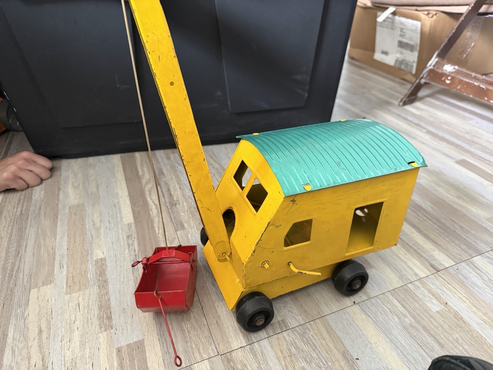 Pressed Steel Vintage Crane Toy Yellow Green Red Diecast Construction Vehicle