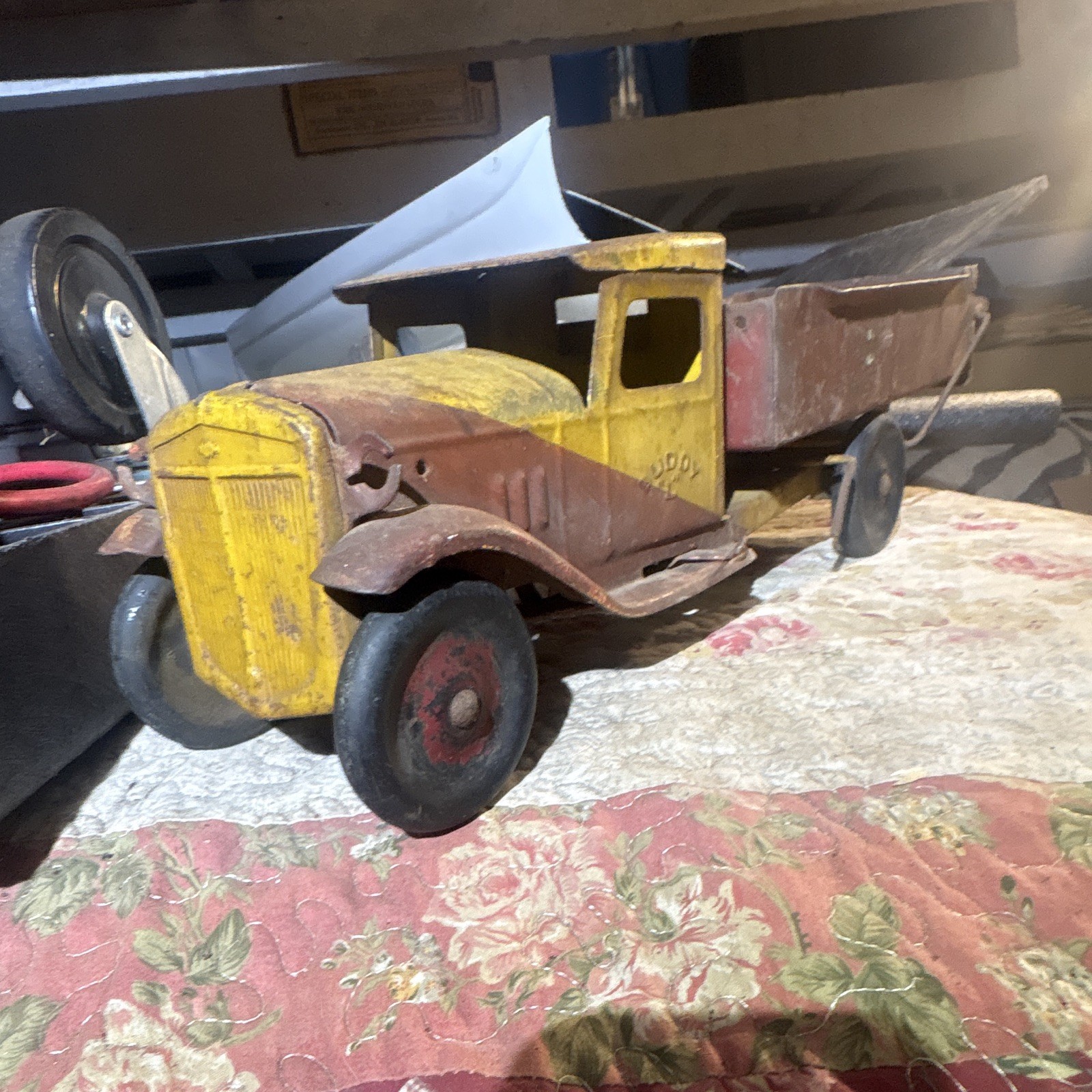 Vintage 1920s Buddy L Dump Truck Yellow Brown Red Black Metal Construction Toy