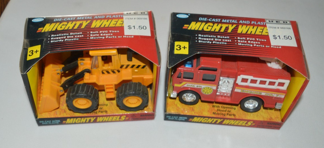 MIGHTY WHEELS MADE BY SOMA – YELLOW WHEEL LOADER & RED FIRE ENGINE