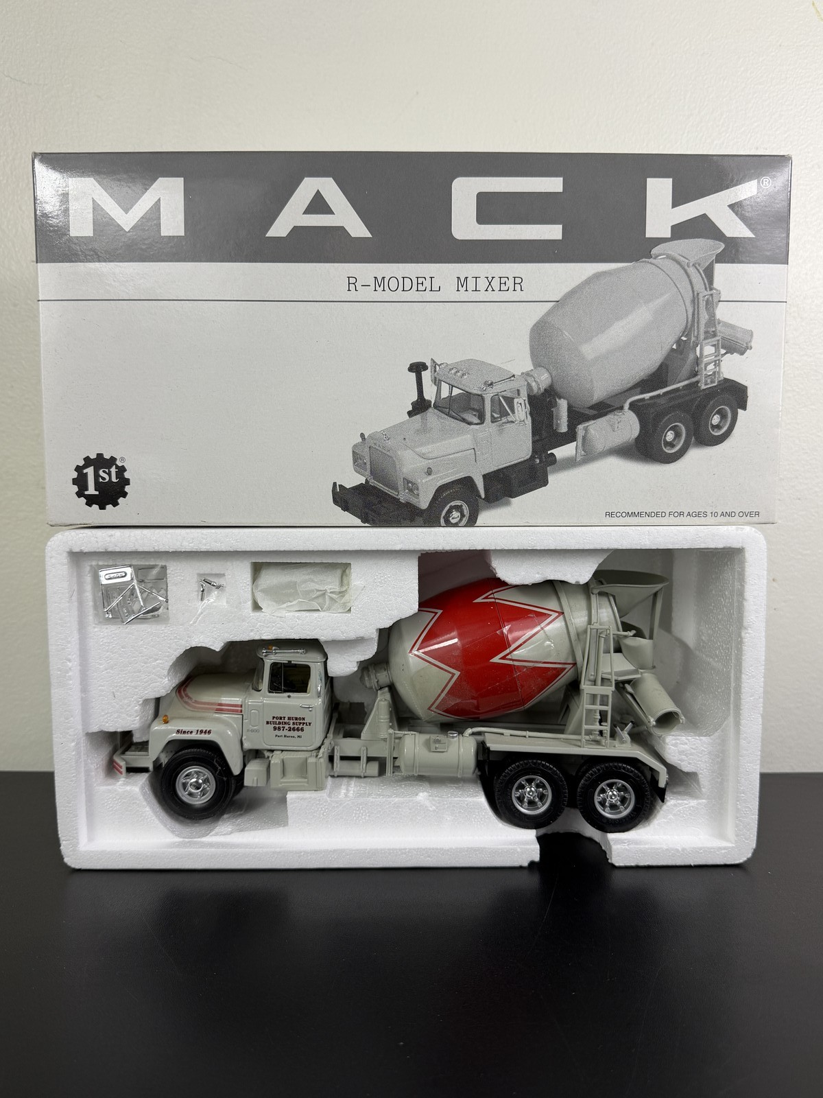 First Gear Mack R-Model Mixer Port Huron Building Supply 1:34 – Brand New