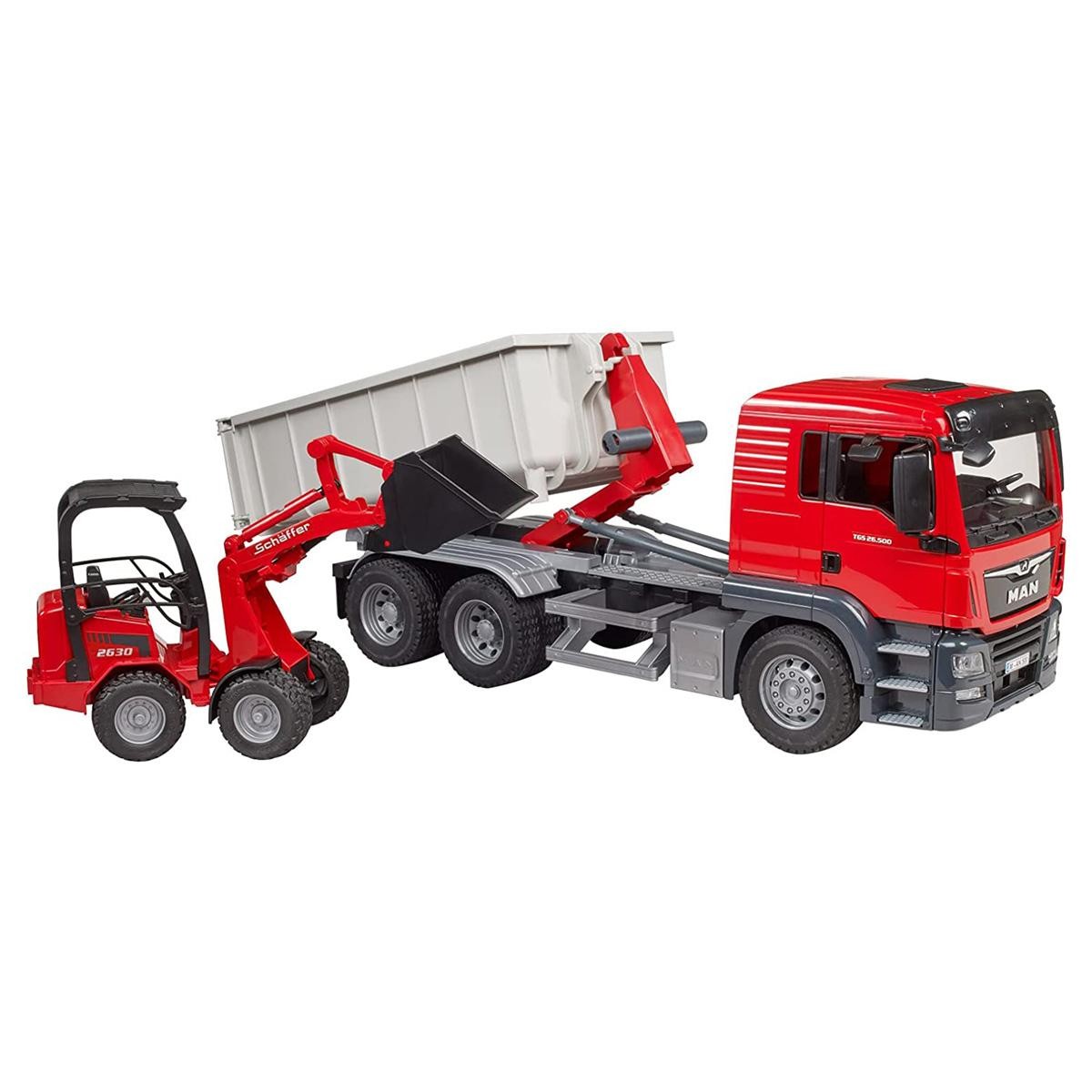 Bruder 1/16 Man TGS Truck w/ Roll Off Container & Schaffer Compact Loader 03767