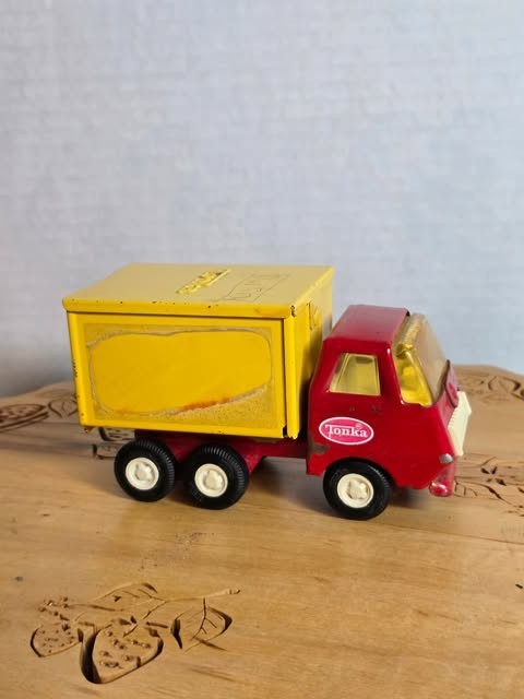 Vintage Tiny Tonka Box Truck is a red and yellow delivery truc