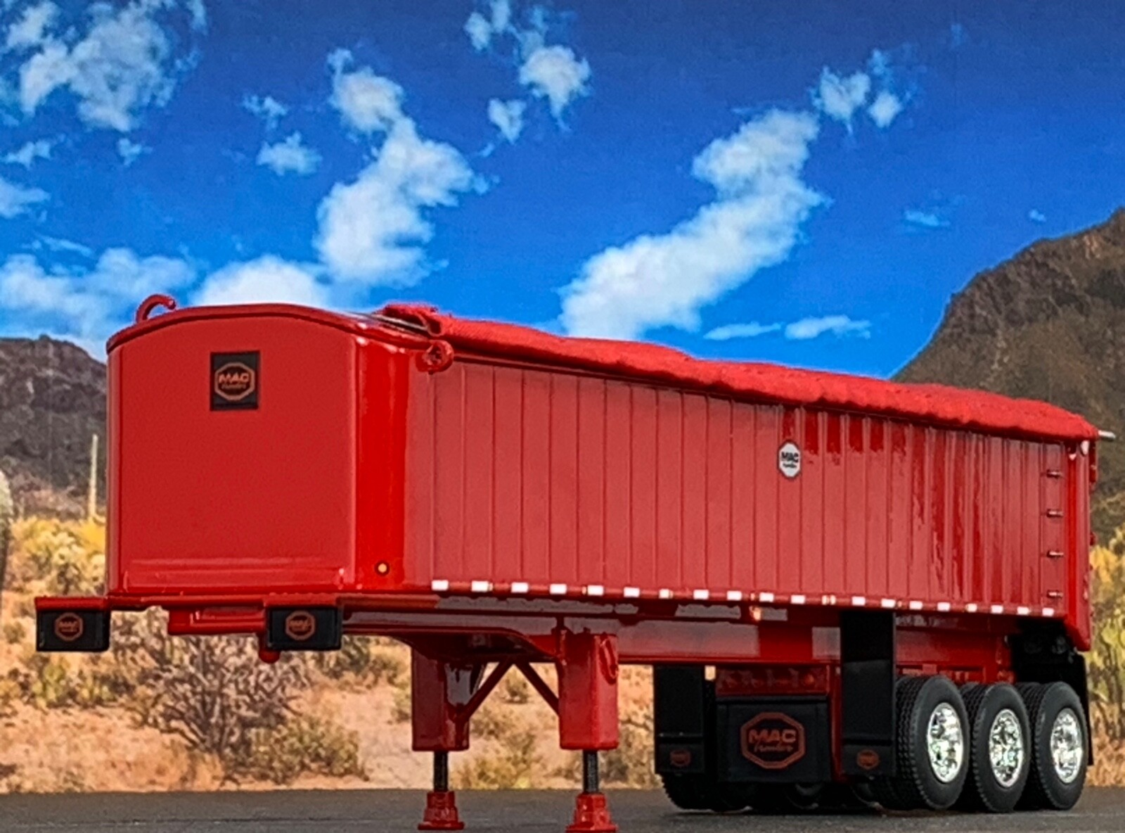 1/64 DCP RED MAC TRI AXLE END DUMP TRAILER W/ RED TARP