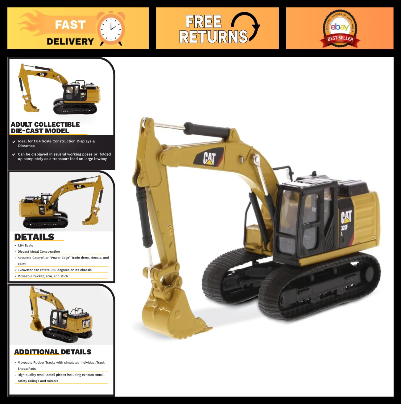 1:64 Scale Hydraulic Excavator Model – Diecast Caterpillar 320F L, Collectible C