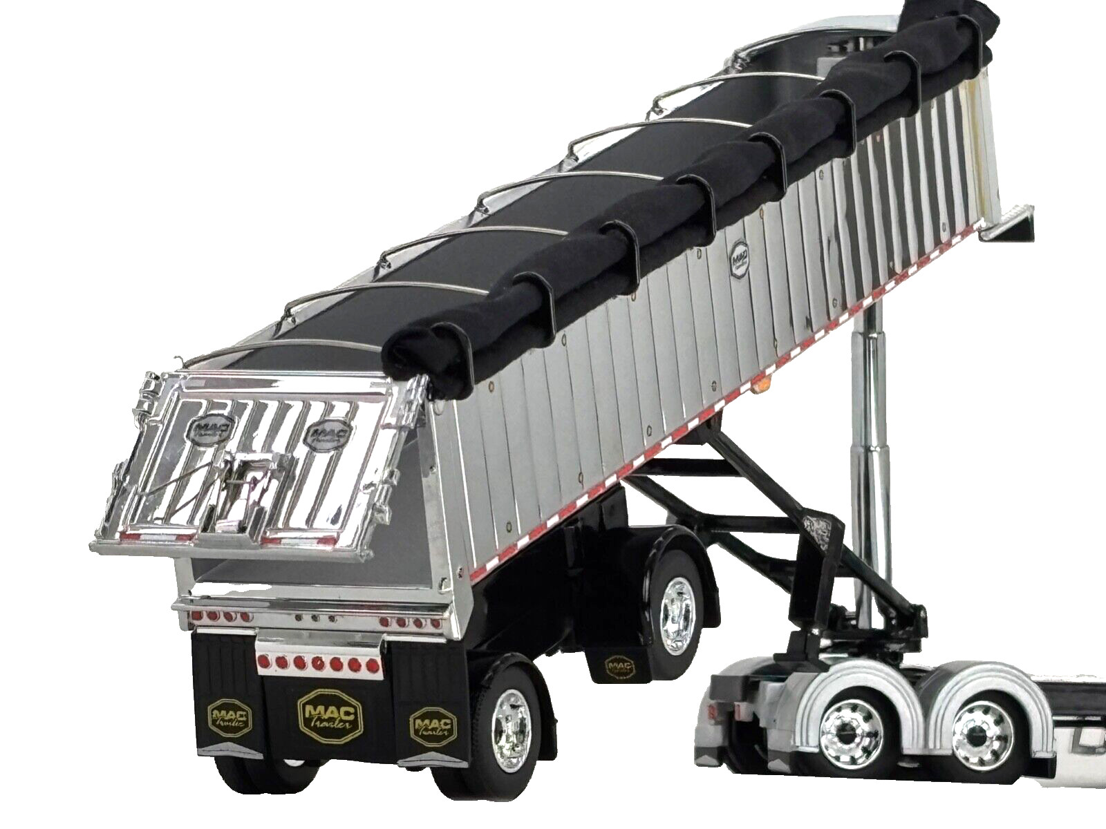1/64 DCP CHROME/BLACK MAC SPREAD AXLE DUMP TRAILER W/ BLACK TARP