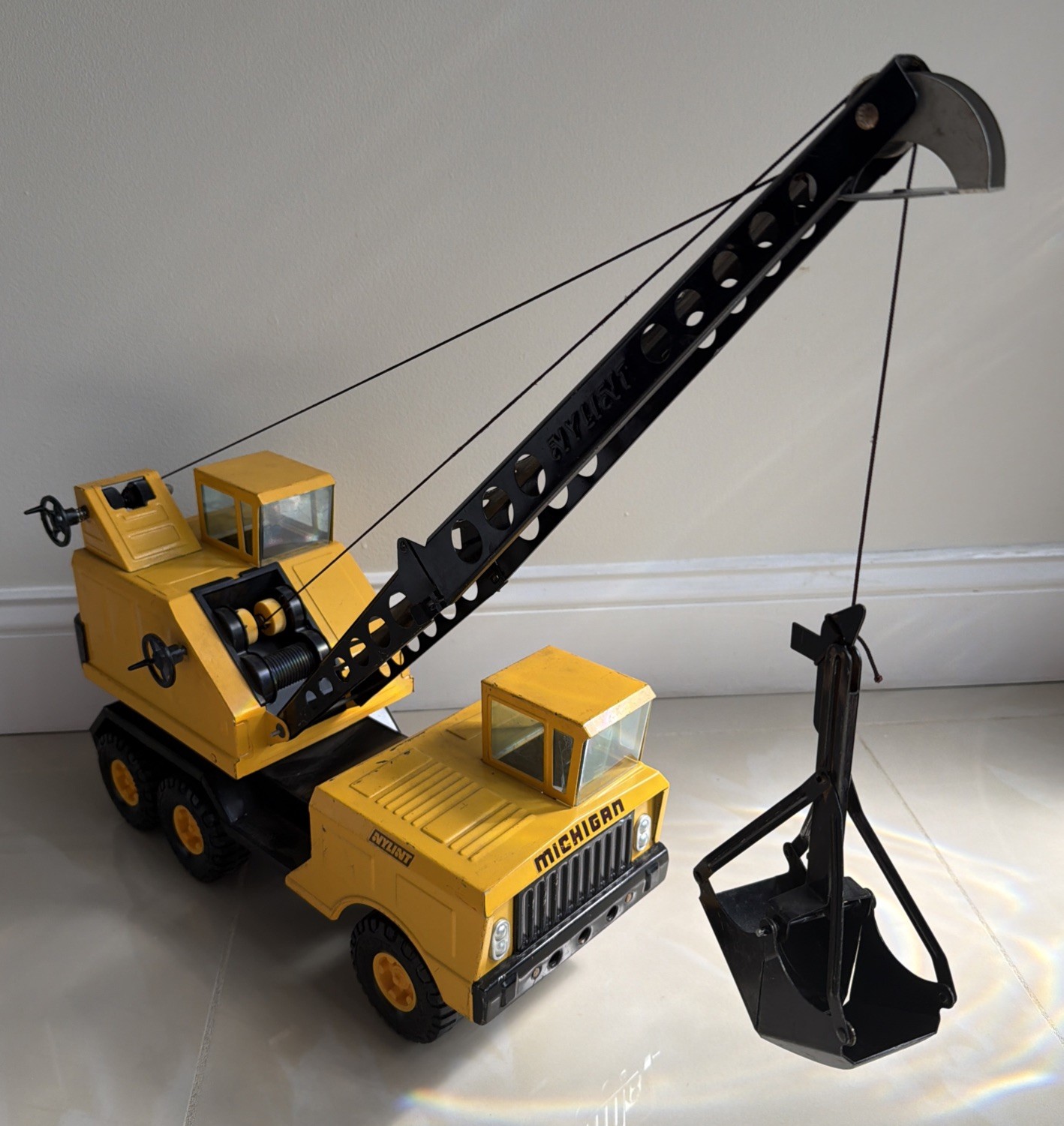 Vintage 1970s Nylint Michigan Crane Truck with Clam Bucket Shovel