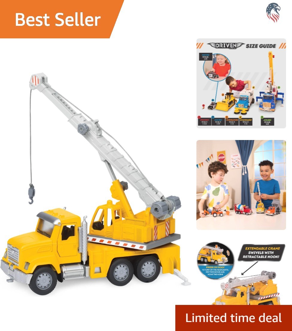 Kids 7-Inch Construction Crane Truck Toy Lights Sounds Movable Parts