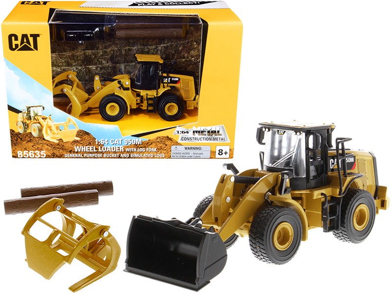 CAT Caterpillar 950M Wheel Loader with Bucket Log Fork with Two Log Poles 1/64
