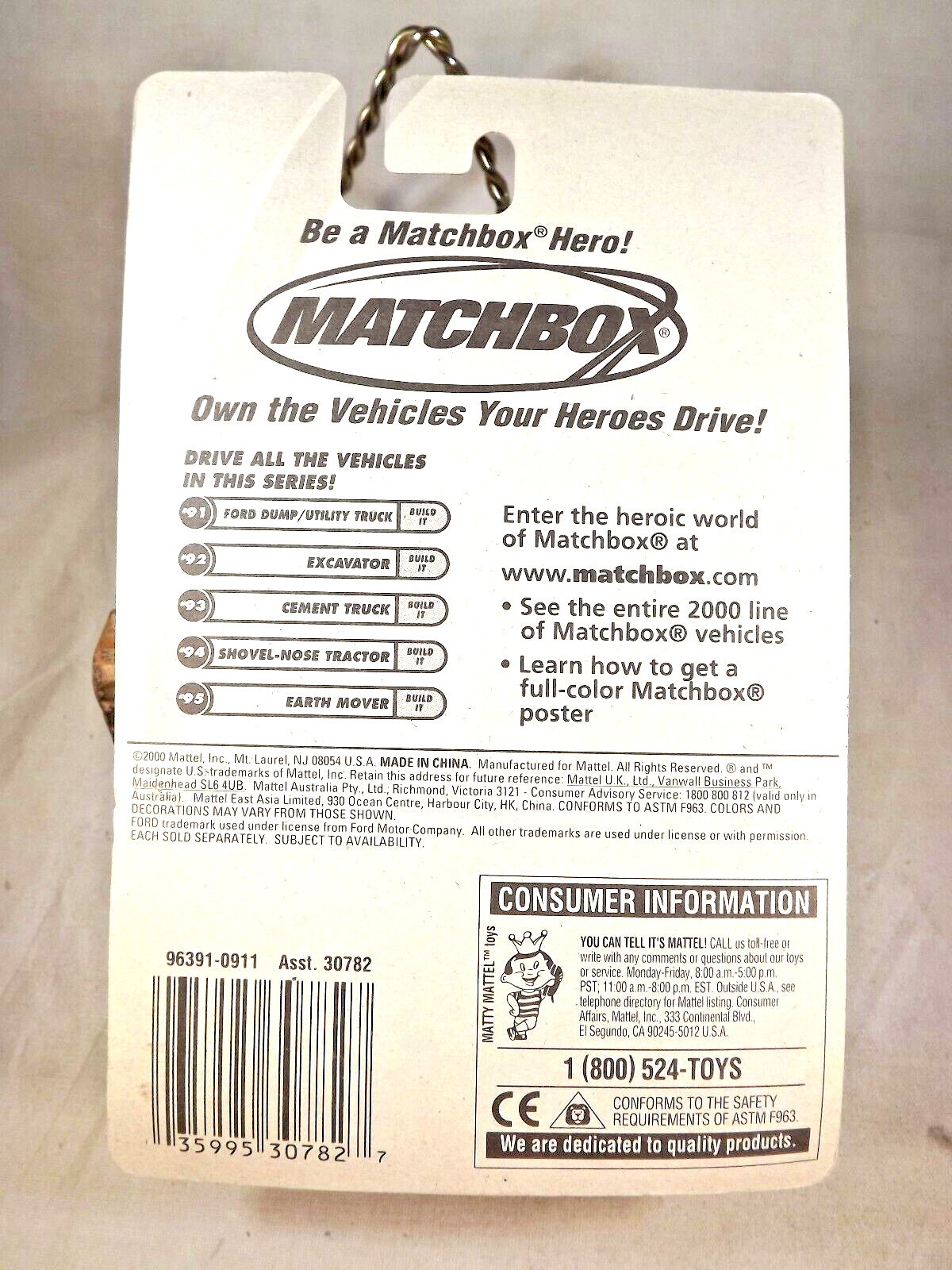 2000 Matchbox #95 Build It EARTH MOVER Blue-Gray w/MCAT Spokes Fire Truck Card