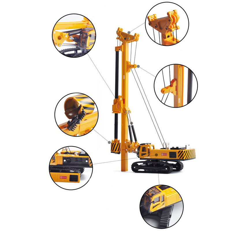 Rotary Drilling Rig Toy Diecast Construction Vehicle Model for Boys Yellow