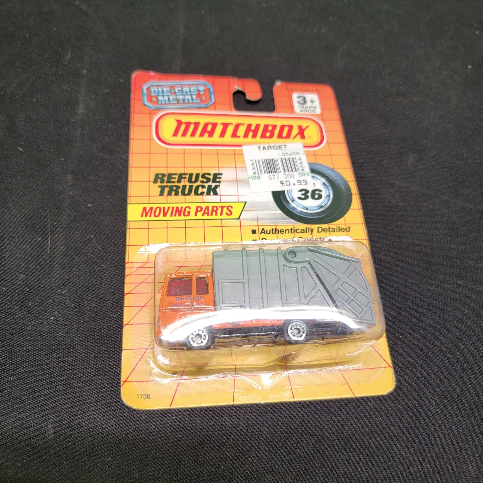 Matchbox REFUSE TRUCK Diecast #36 1993 Orange w/ Grey Dumper