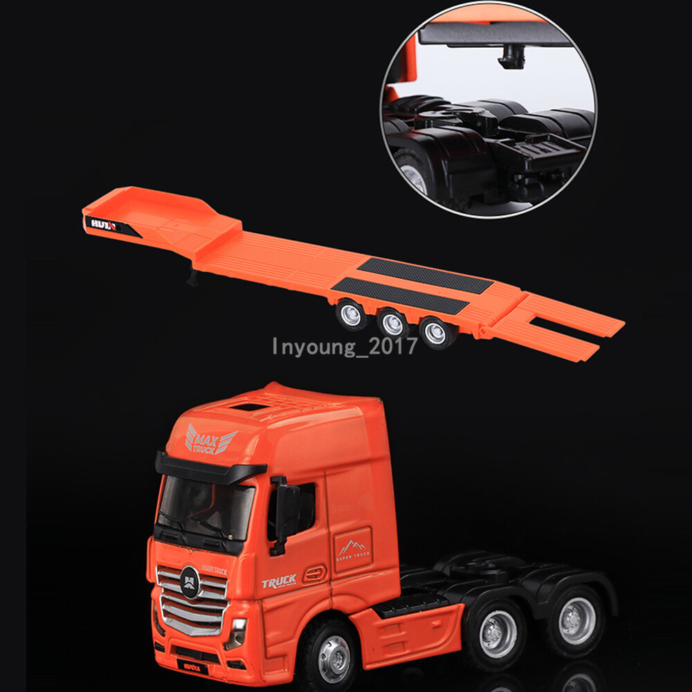 1:50 Flatbed Truck with Excavator Trailer Transporter Diecast Model Set Orange