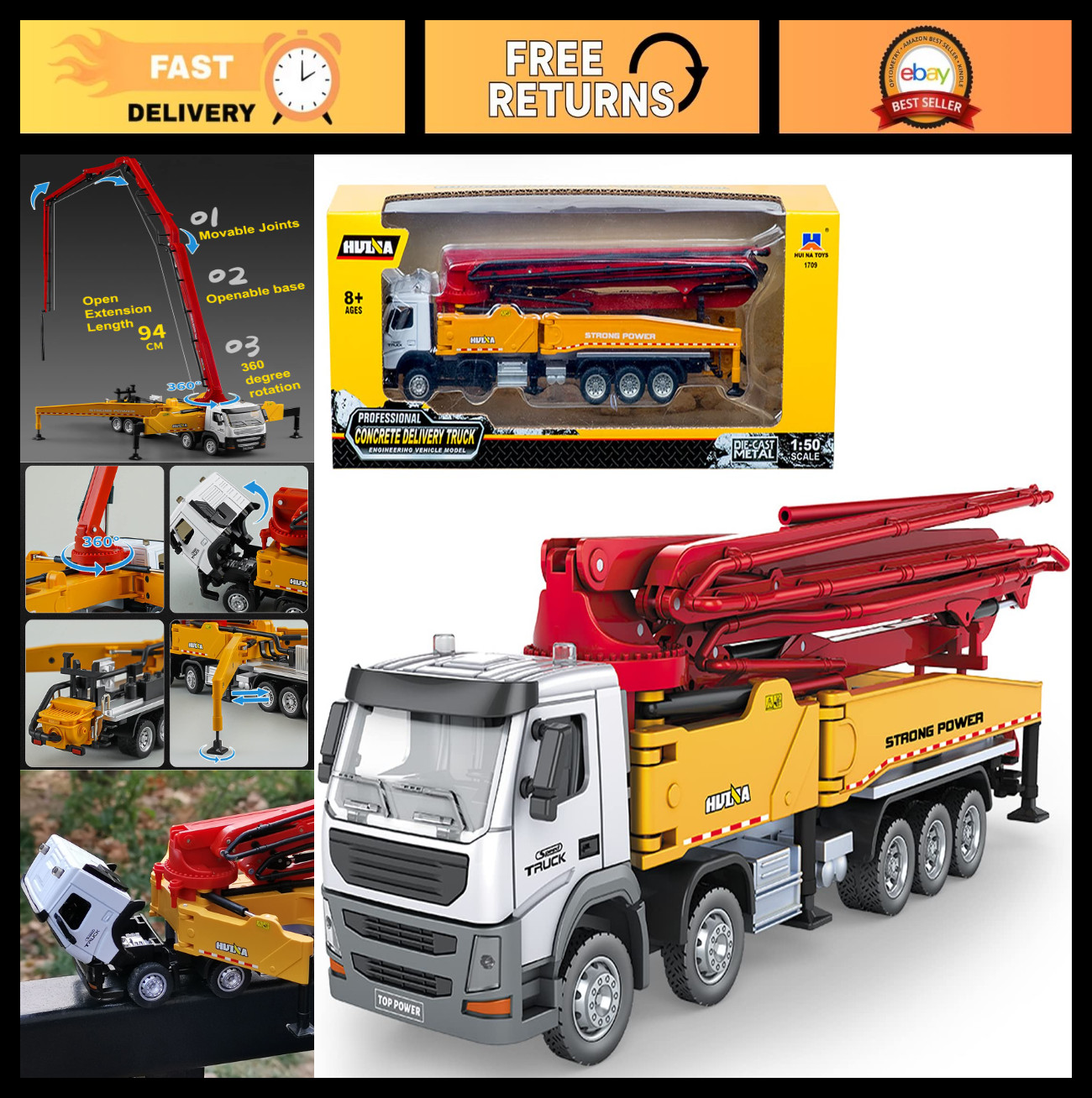 Diecast Concrete Pump Truck Toy – 1:50 Scale Construction Vehicle for Kids