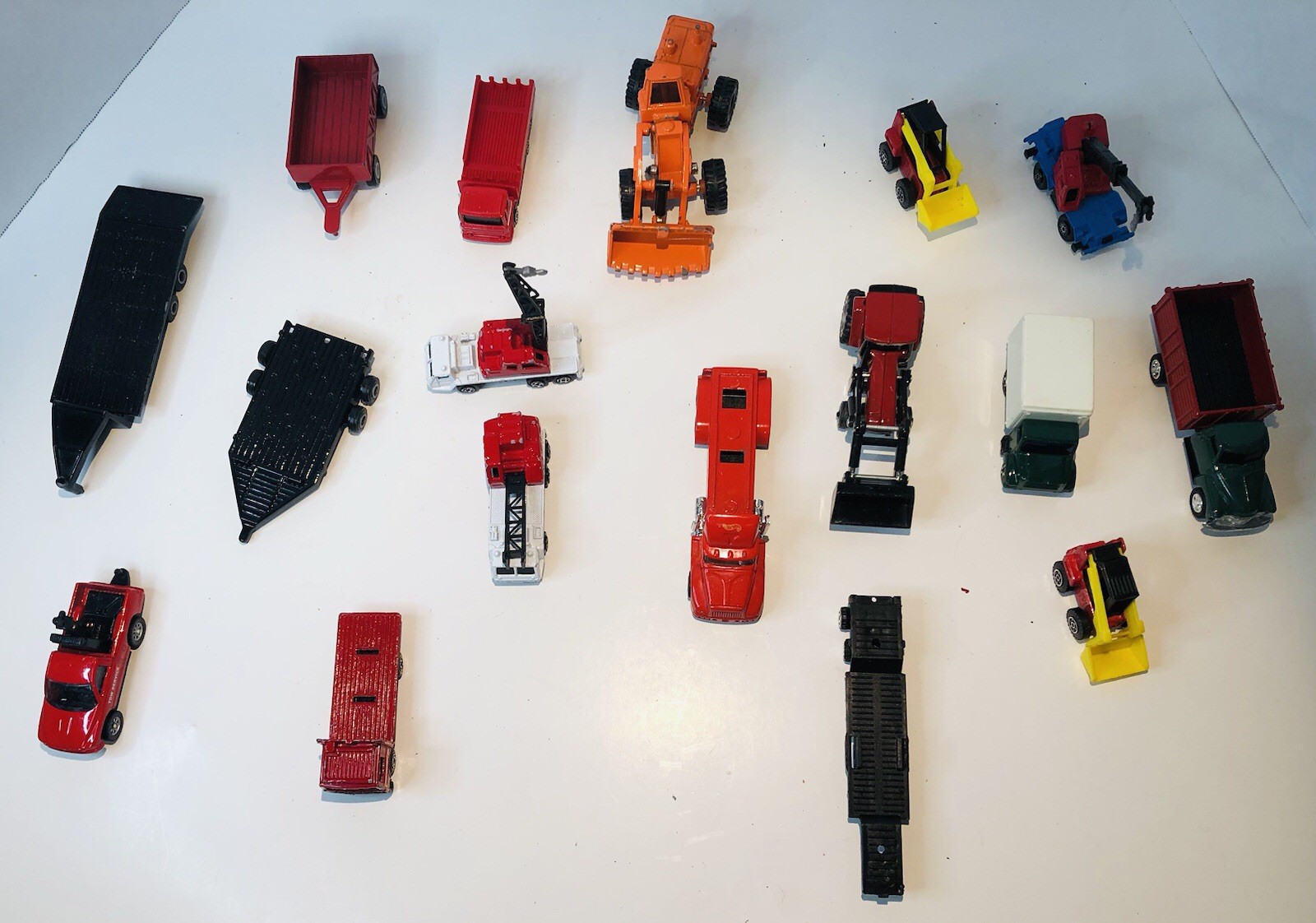 Lot of 17 Misc Mini Equipment Trucks and Tractor Toys of Metal and Plastic