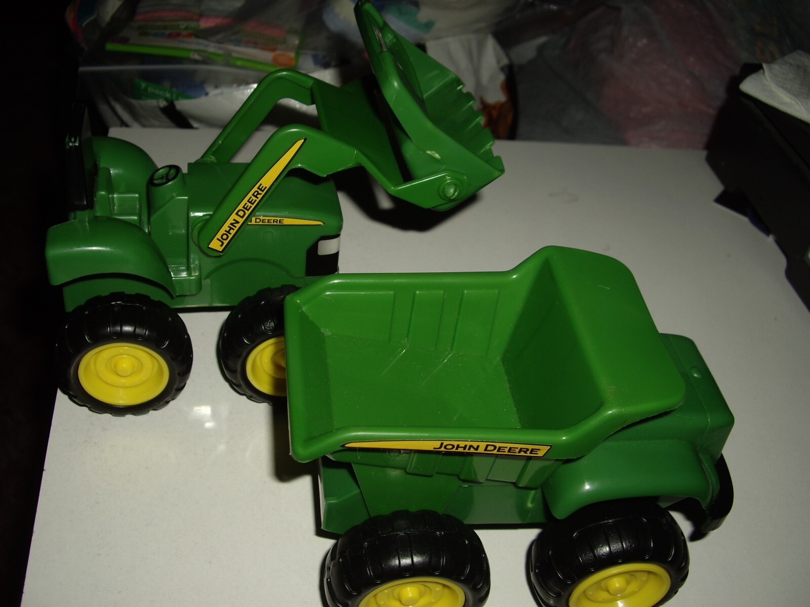 EUC 2 Tomy John Deere Plastic Vehicles Front Loader & Dump Truck Sandbox Toys